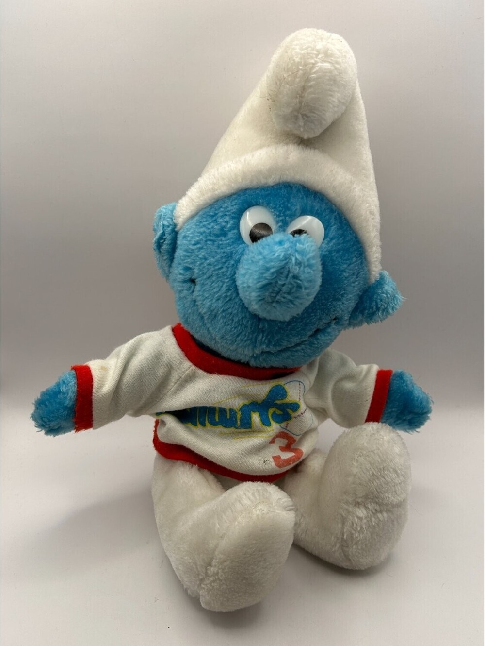 Peyo Wallace Berrie Smurf Baseball Player #3 Plush Toy Blue White Red 1980s Doll